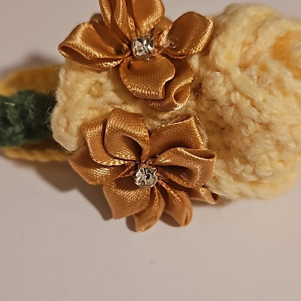 Hand Crafted Crochet hair accessory silver barrete 2- gold flowers handmade rose